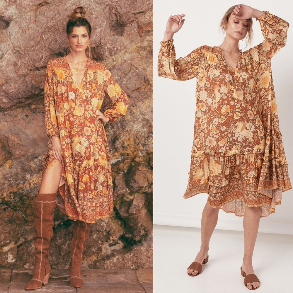 Spell designs Lady Amethyst Amber Boho midi dress gown copper M floral horses - Picture 5 of 16